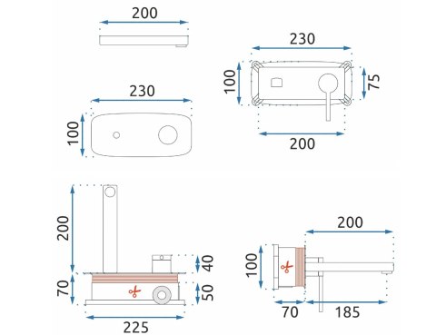 BATERIA UMYWALKOWA PODTYNKOWA OVAL ZŁOTA + BOX